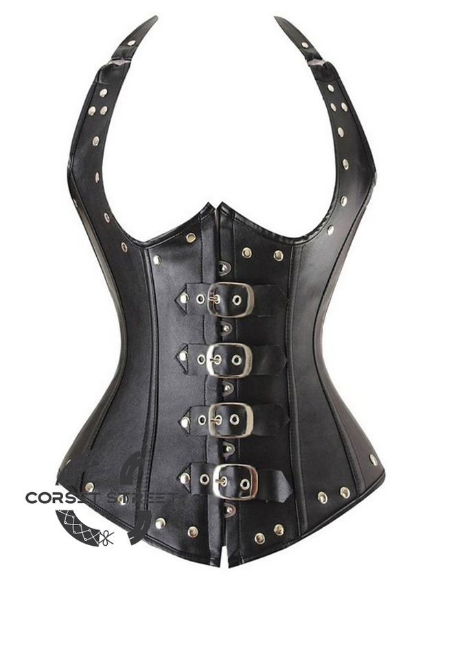 Black Leather Halter Neck Waist Training Basque LONG Underbust Plus Size Corset Costume